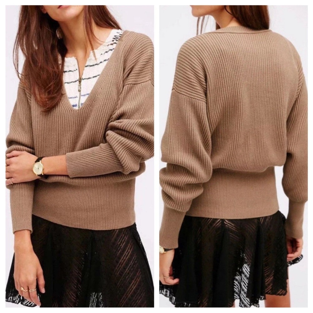 Free People Taupe Knit Allure Pull Over Sweater Size XS Deep V Neck